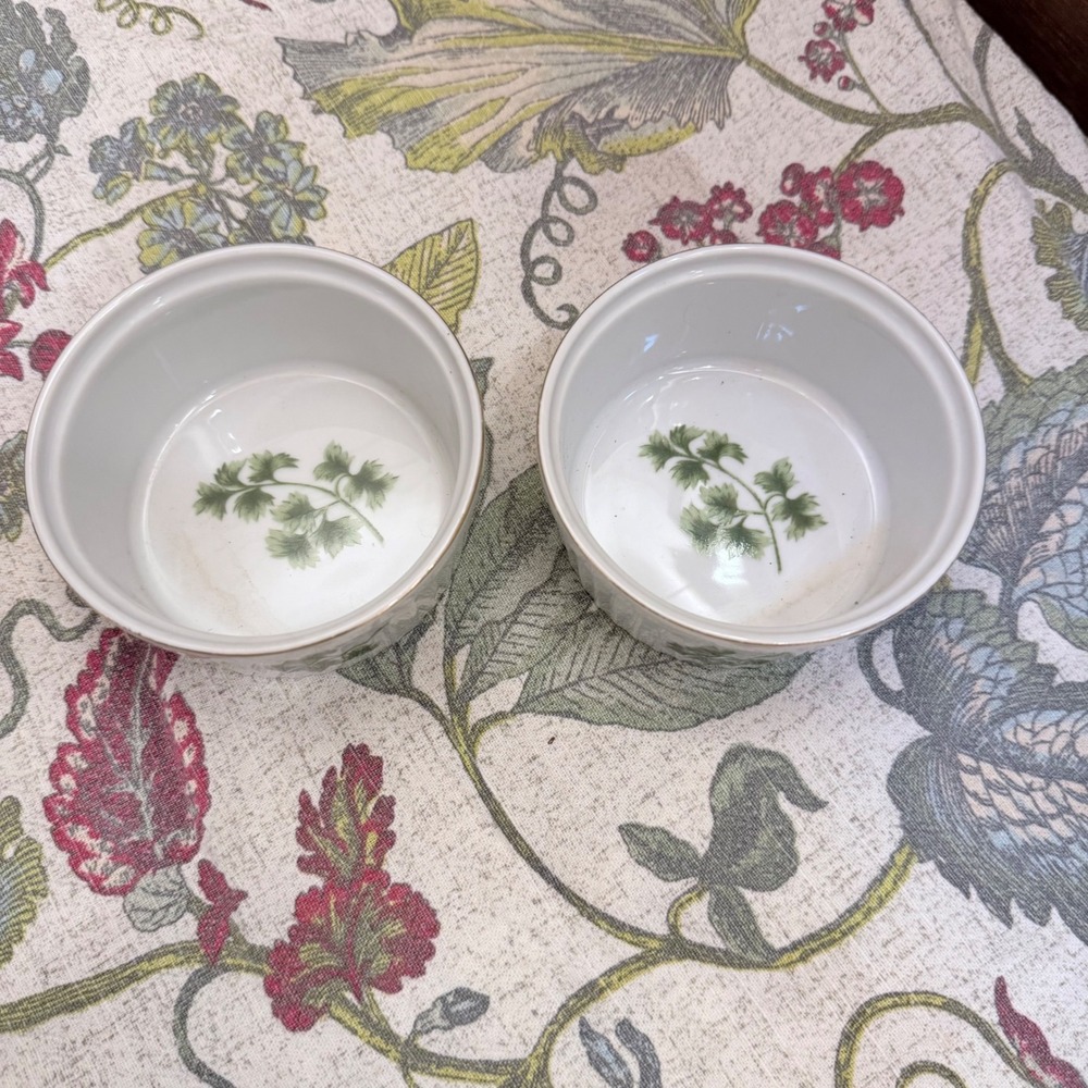 Pair Vintage Parsley Botanical Ramekins Gold Trim White Porcelain Baking Bowls